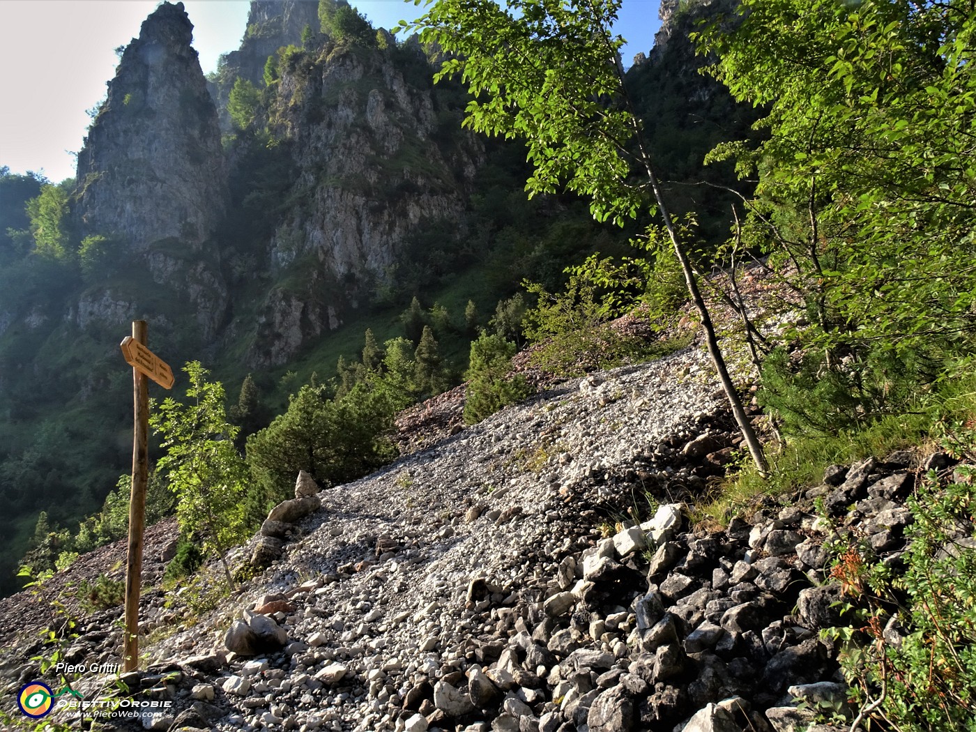 20 Dopo mezz'ora circa il sentiero dal bosco entra  a salire il lungo ghiaione della Val Gerona .JPG